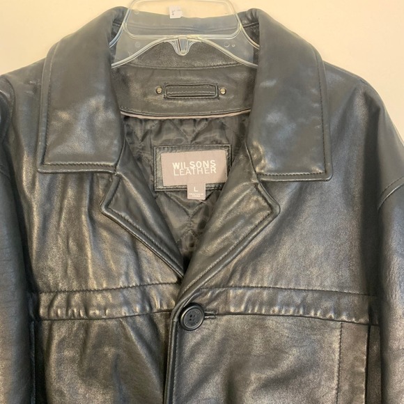Wilsons Leather Mens L Black Leather Car Coat Quilted Lining Button Front Jacket - Picture 2 of 16